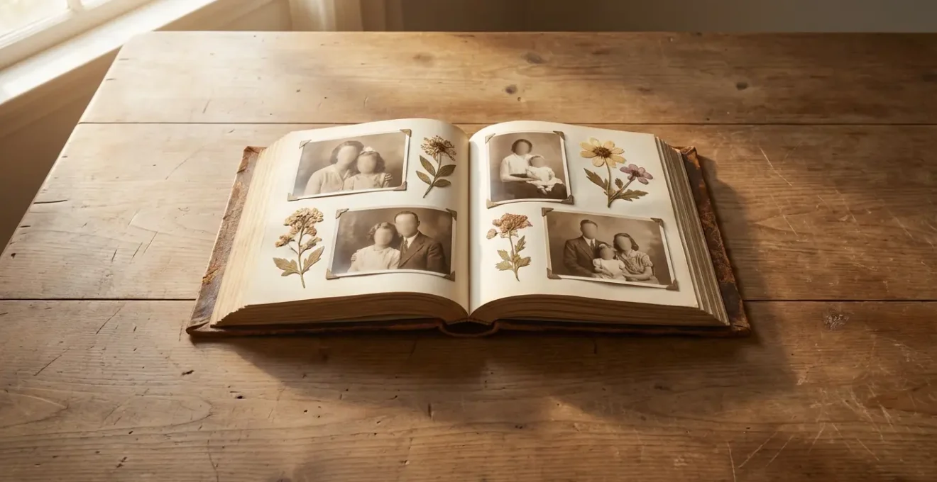 Album photo ouvert avec des photos anciennes et des fleurs séchées sur une table en bois