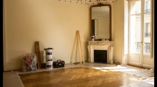 Intérieur d'appartement ancien en cours de rénovation avec parquet d'origine, moulures et cheminée en marbre préservés