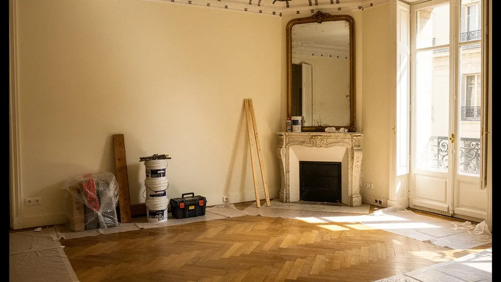 Intérieur d'appartement ancien en cours de rénovation avec parquet d'origine, moulures et cheminée en marbre préservés