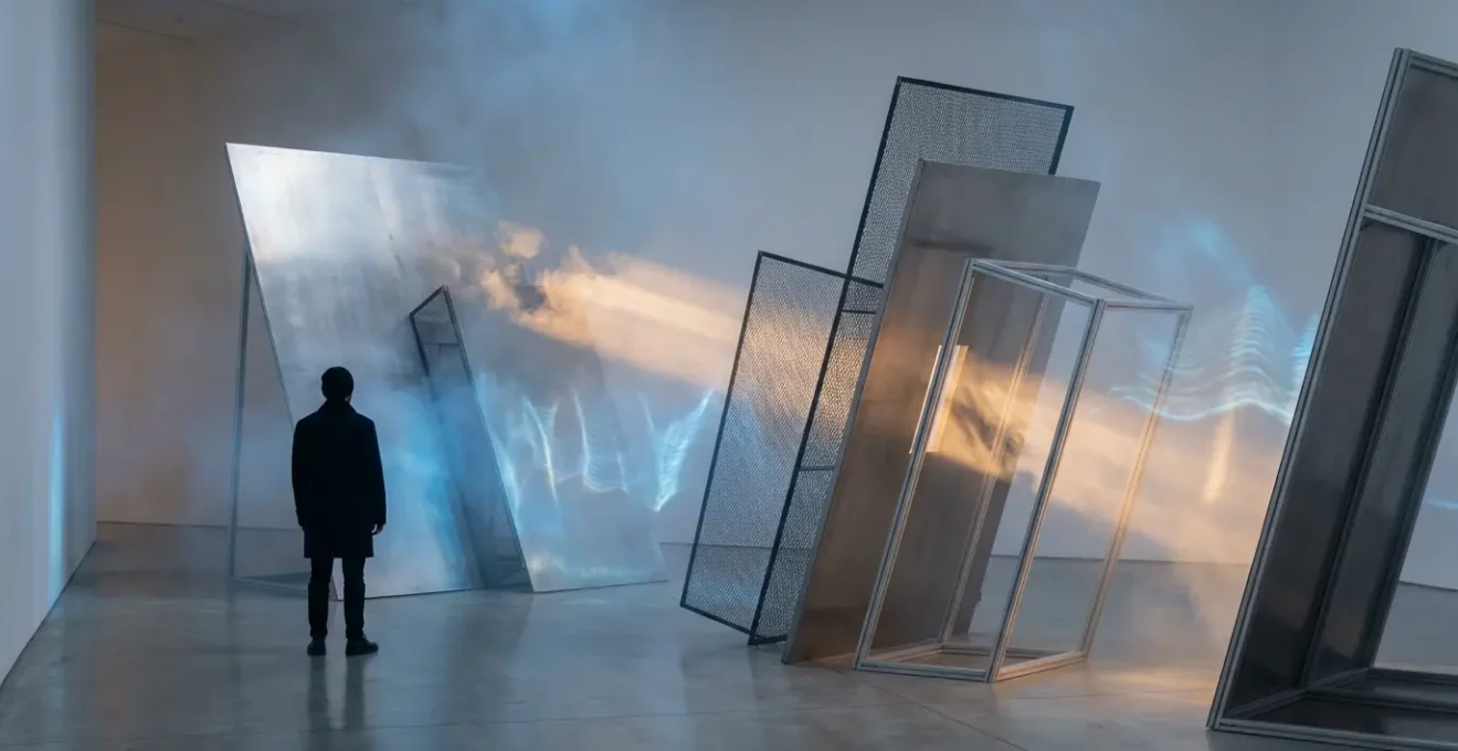 Installation artistique immersive avec jeux de lumière et ondes sonores visualisées dans un espace contemporain