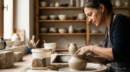Artisan céramiste travaillant sur un tour de potier dans son atelier baigné de lumière naturelle