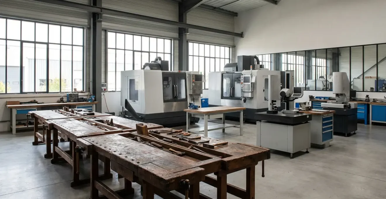 Vue large d'un atelier EPV mêlant outils traditionnels en bois et équipements de précision modernes