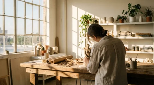 Personne concentrée dans un atelier lumineux travaillant sur un projet créatif artisanal