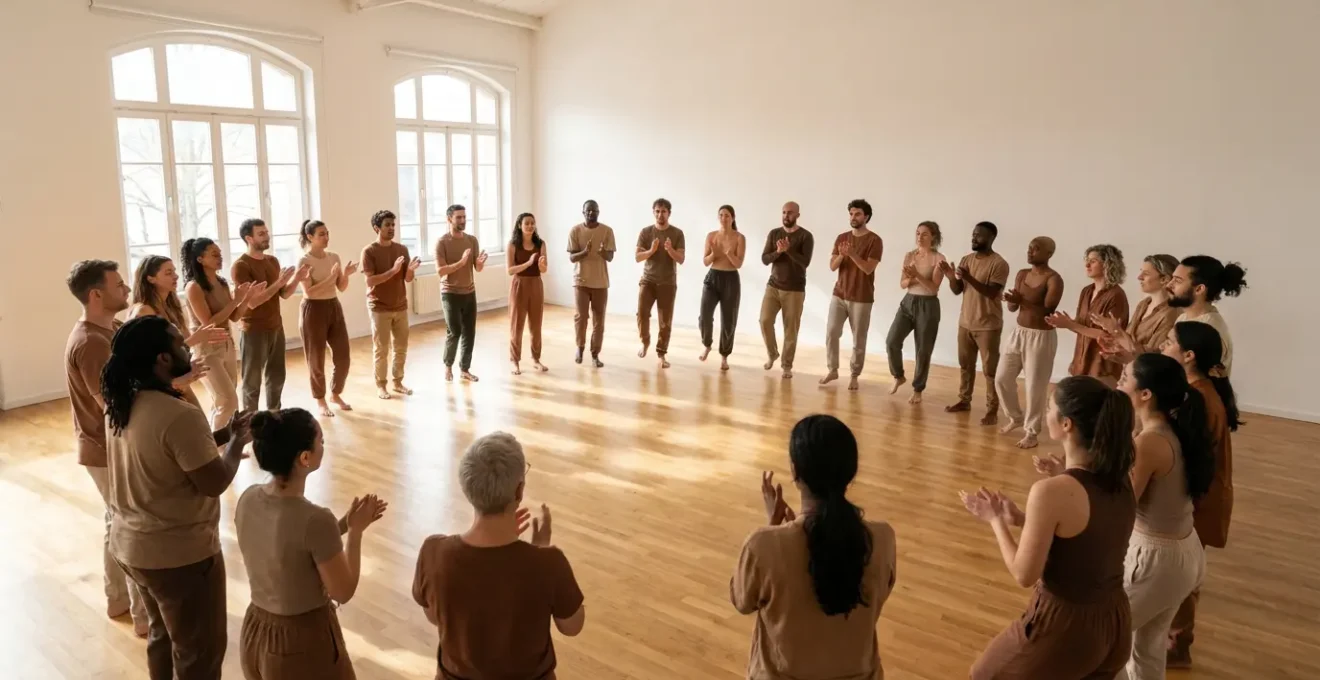 Groupe multiculturel en cercle pratiquant la percussion corporelle dans un espace lumineux