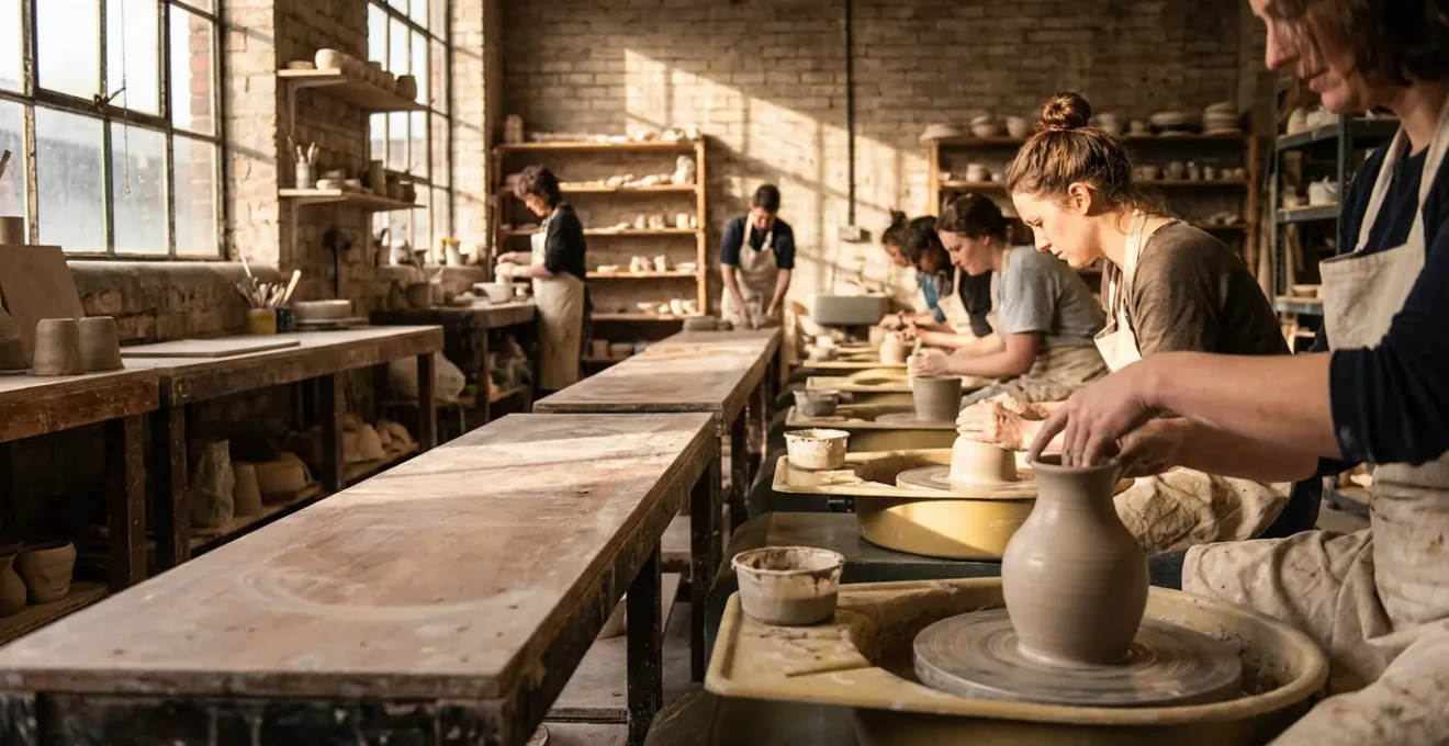 Atelier de céramique partagé avec plusieurs postes de travail et ambiance collaborative