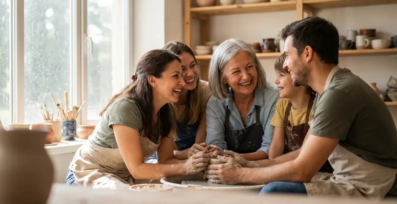 Groupe de personnes souriantes partageant un moment de création autour d'un tour de potier dans un atelier lumineux