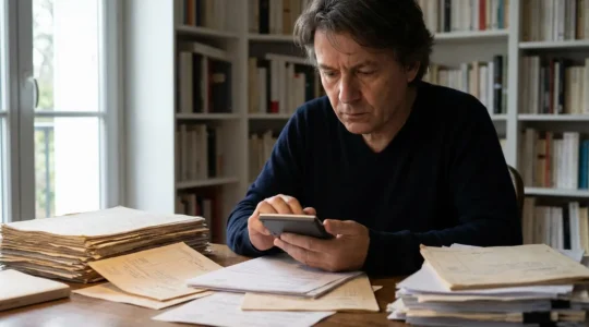 Un auteur concentré devant son bureau avec calculatrice, factures d'édition et manuscrit, dans un bureau français typique