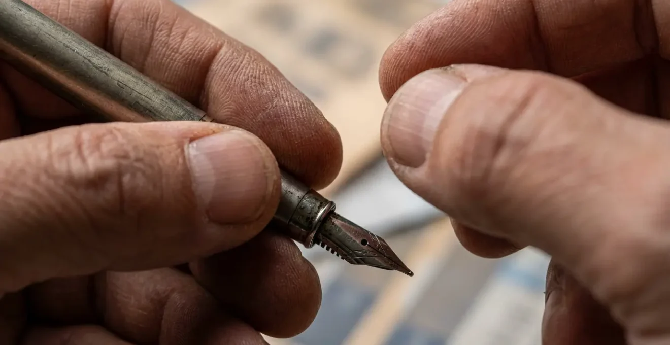 Gros plan macro sur une main d'auteur tenant un stylo au-dessus de documents fiscaux flous