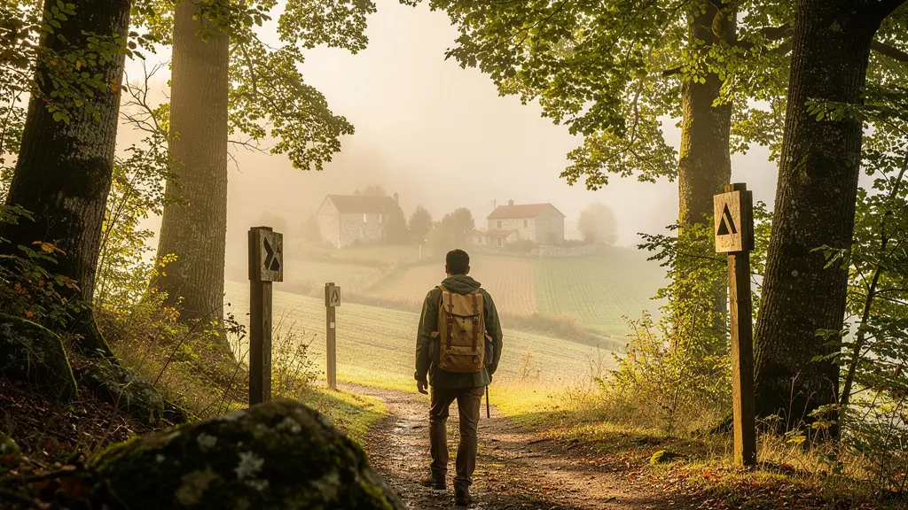 Vue immersive d'un randonneur découvrant un panorama caché de la campagne française à travers une forêt brumeuse