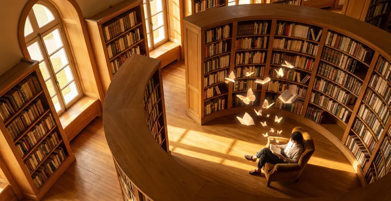 Vue en plongée d'une bibliothèque française avec ses étagères en bois créant des lignes organiques, où un lecteur est installé dans un fauteuil confortable, entouré de livres ouverts flottant métaphoriquement comme des papillons lumineux