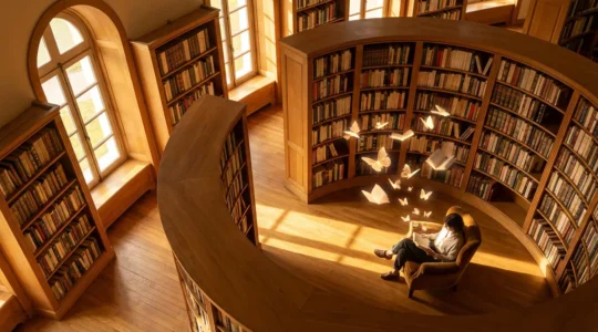 Vue en plongée d'une bibliothèque française avec ses étagères en bois créant des lignes organiques, où un lecteur est installé dans un fauteuil confortable, entouré de livres ouverts flottant métaphoriquement comme des papillons lumineux