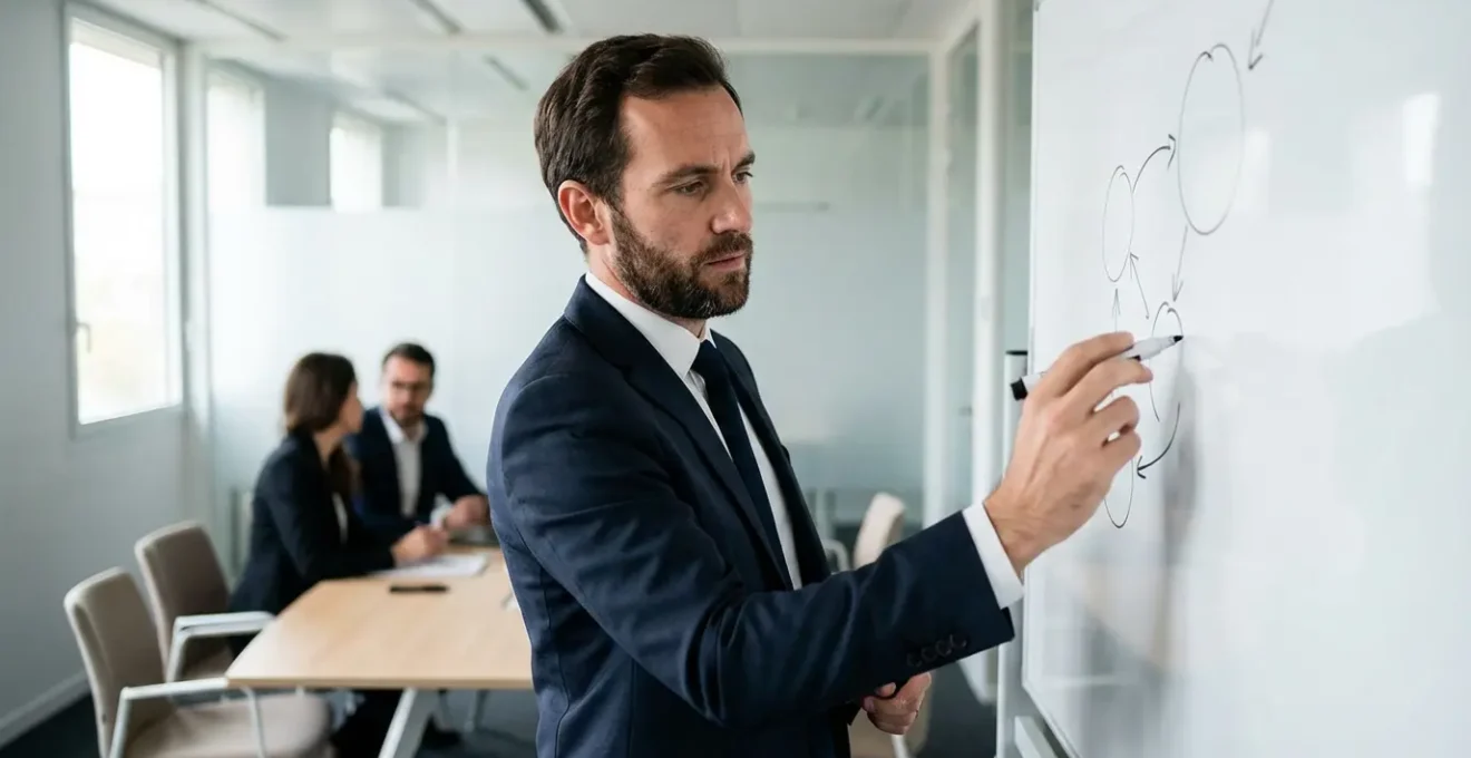 Un cadre dirigeant trace un schéma stratégique au tableau blanc pendant une réunion d'équipe