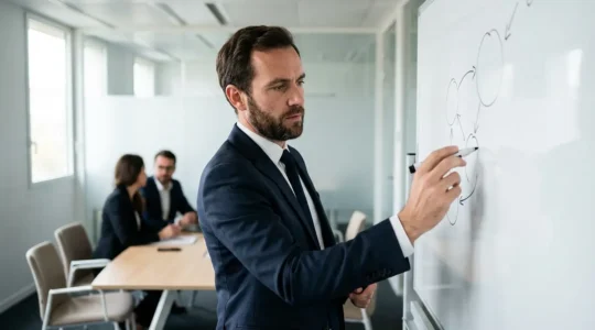 Un cadre dirigeant trace un schéma stratégique au tableau blanc pendant une réunion d'équipe