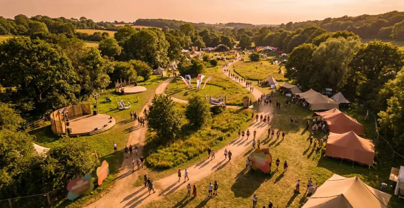 Vue aérienne d'un festival culturel en plein air avec scènes multiples et espaces verts