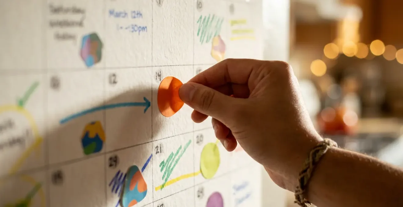Gros plan sur un calendrier familial mural avec des pastilles colorées marquant des dates importantes, ambiance chaleureuse