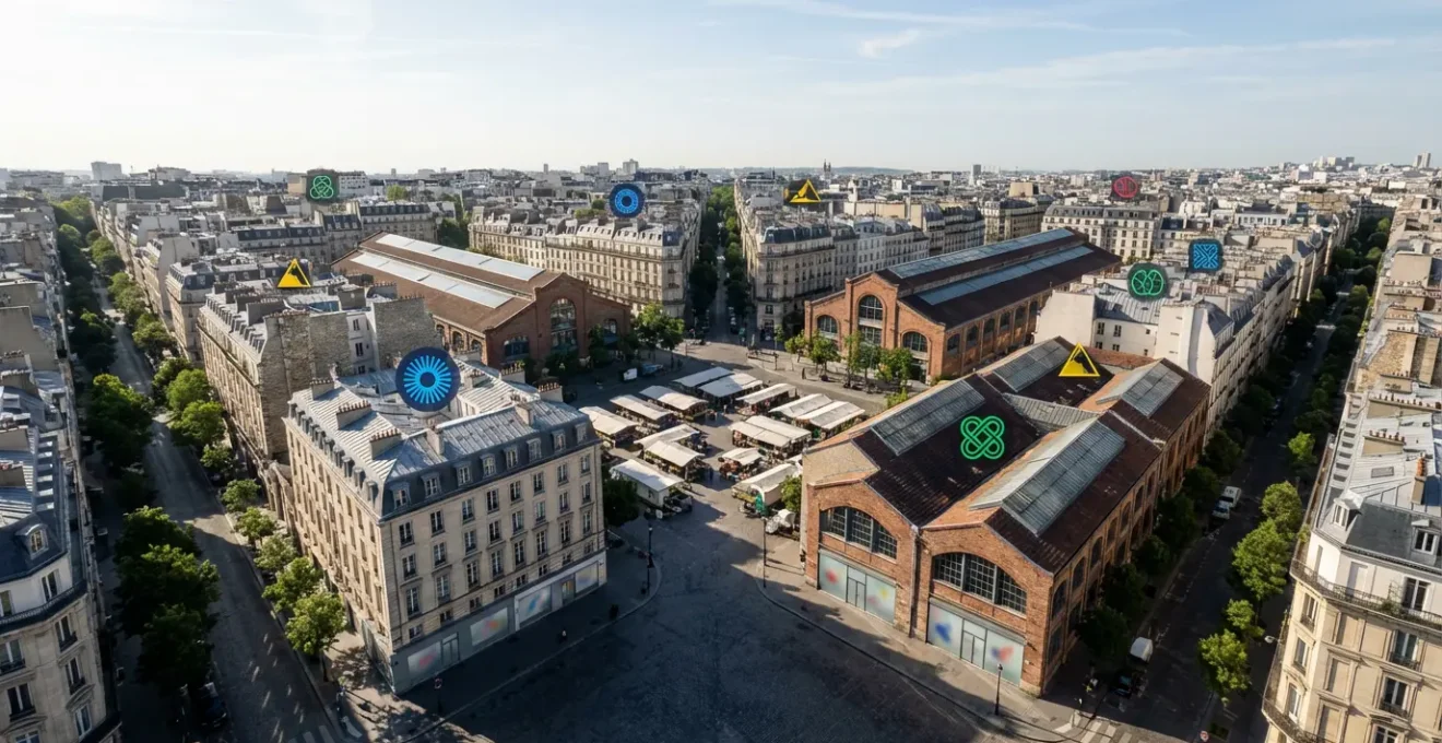 Vue aérienne d'un quartier français avec des épingles colorées marquant différents lieux d'ateliers créatifs