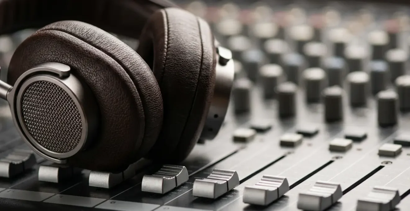 Casque audio professionnel posé sur une console de mixage dans un studio d'enregistrement français