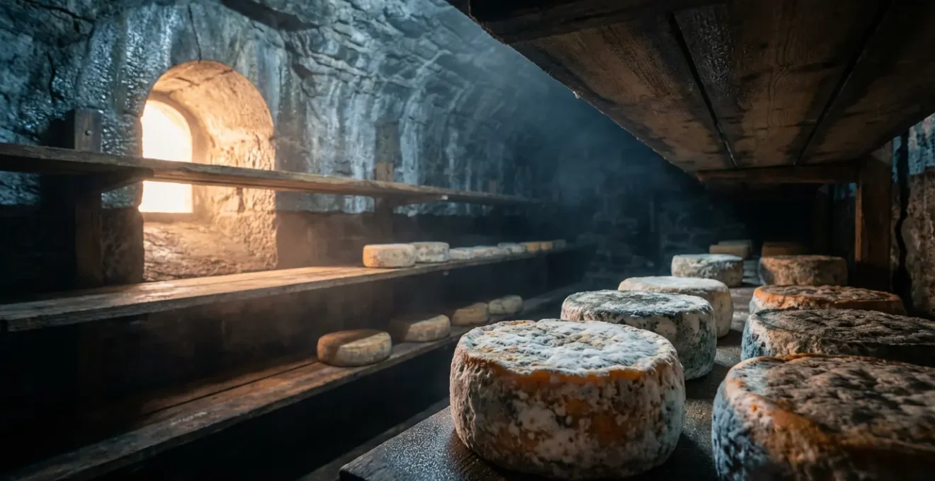 Cave d'affinage traditionnelle avec meules de fromage sur étagères en bois