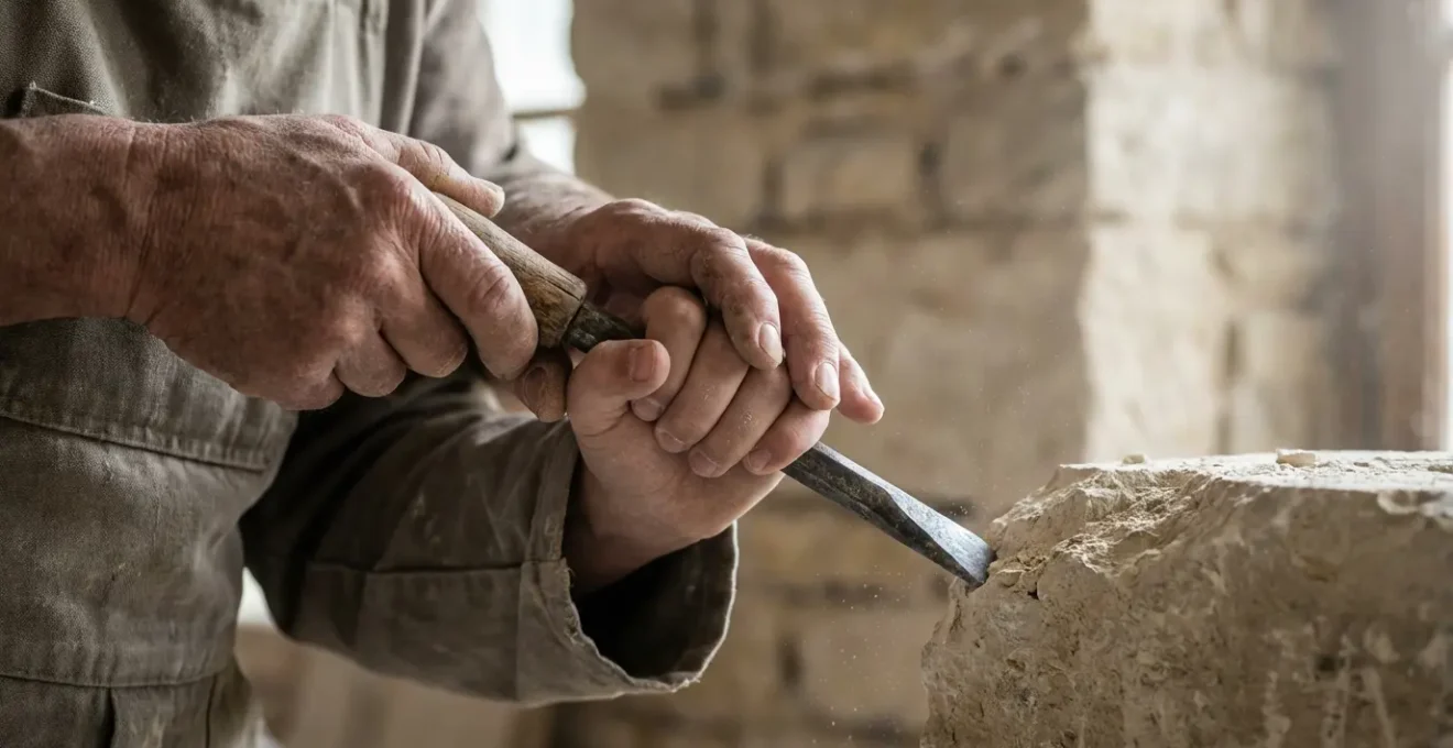 Formateur montrant à un jeune bénévole la technique de taille de pierre sur un chantier médiéval