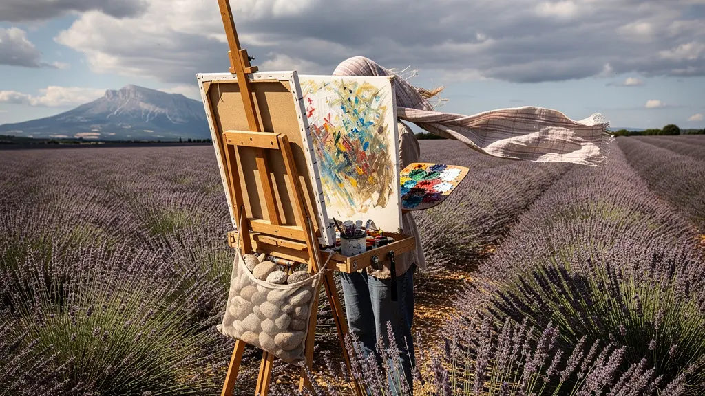 Chevalet lesté dans un champ de lavande provençal par jour de grand vent