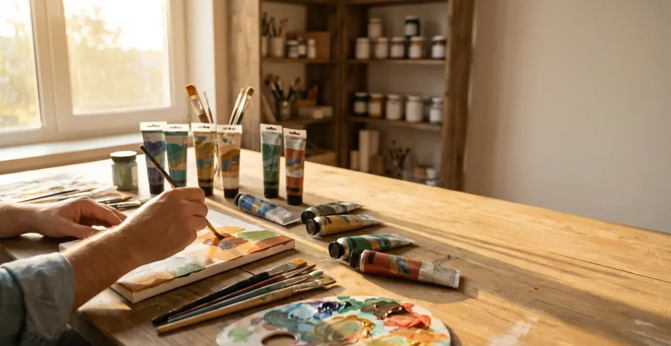 Palette de peinture avec mélanges de couleurs et pinceaux sur table d'artiste