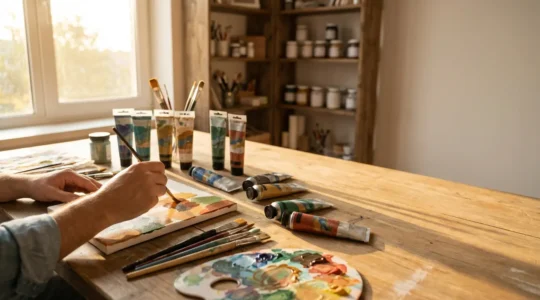 Palette de peinture avec mélanges de couleurs et pinceaux sur table d'artiste