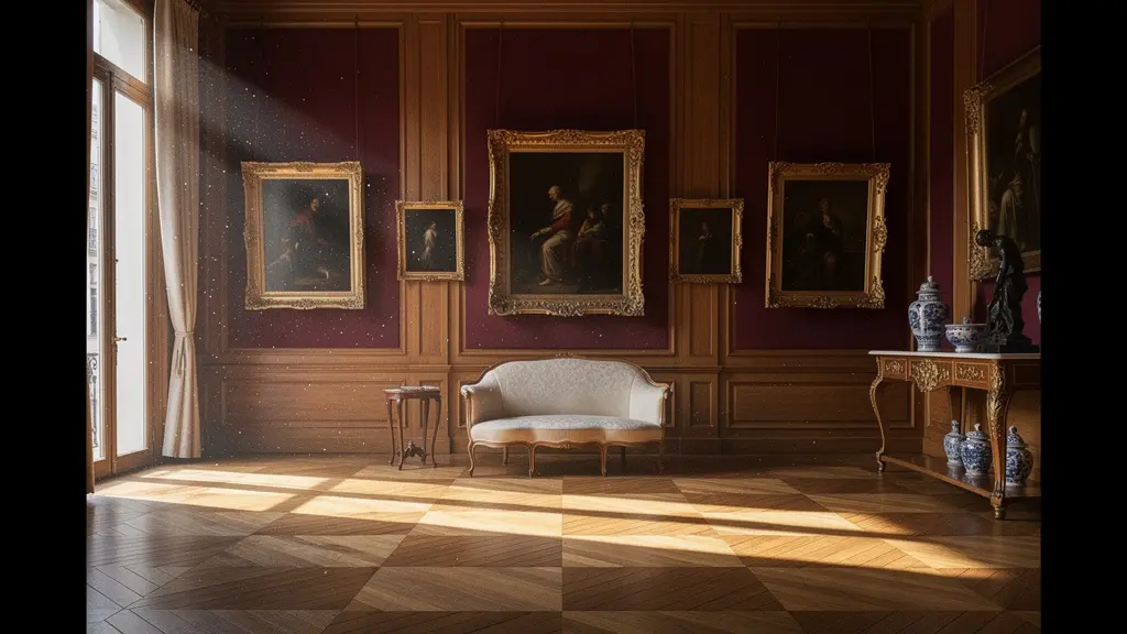 Salon d'une collection privée française avec tableaux de maîtres sur murs en boiseries