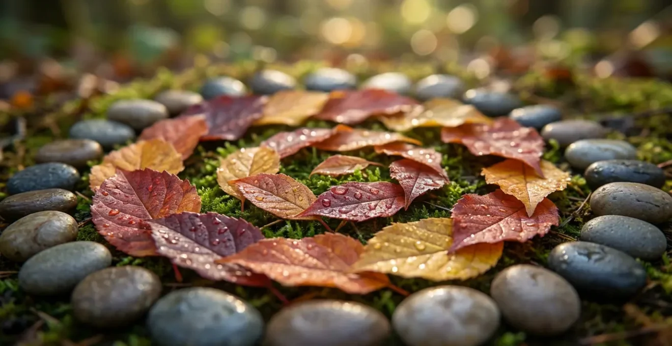 Spirale de feuilles d'automne aux couleurs dégradées disposée sur un sol de mousse dans un jardin