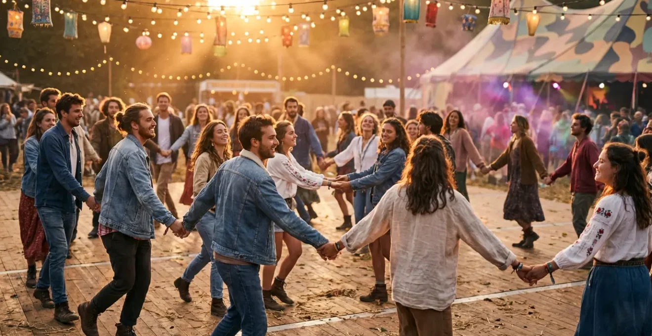 Jeunes danseurs en cercle lors d'un fest-noz, main dans la main dans une ambiance festive et lumineuse