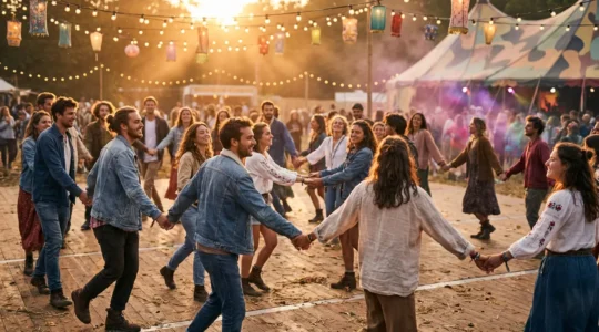 Jeunes danseurs en cercle lors d'un fest-noz, main dans la main dans une ambiance festive et lumineuse