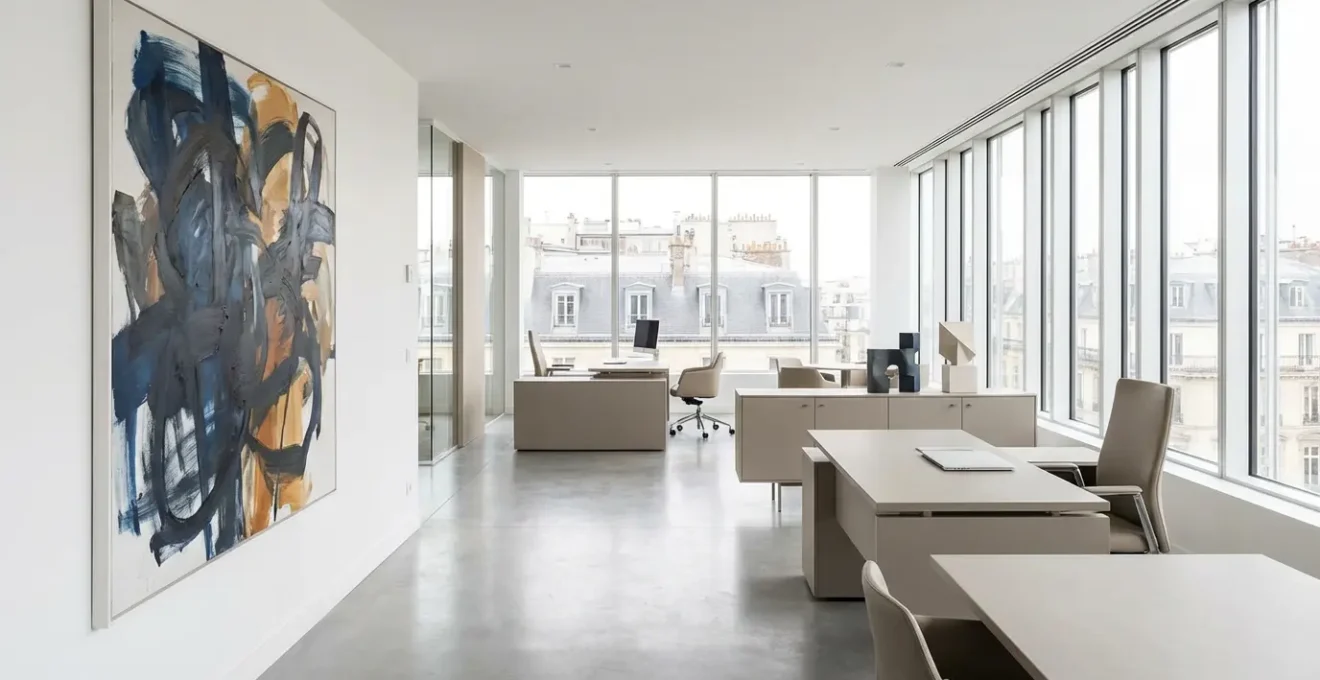 Bureau d'entreprise moderne avec œuvre d'art contemporaine exposée, ambiance professionnelle française