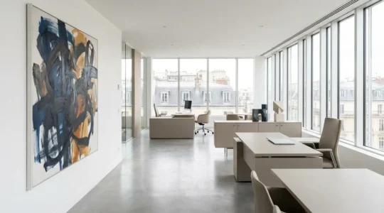 Bureau d'entreprise moderne avec œuvre d'art contemporaine exposée, ambiance professionnelle française