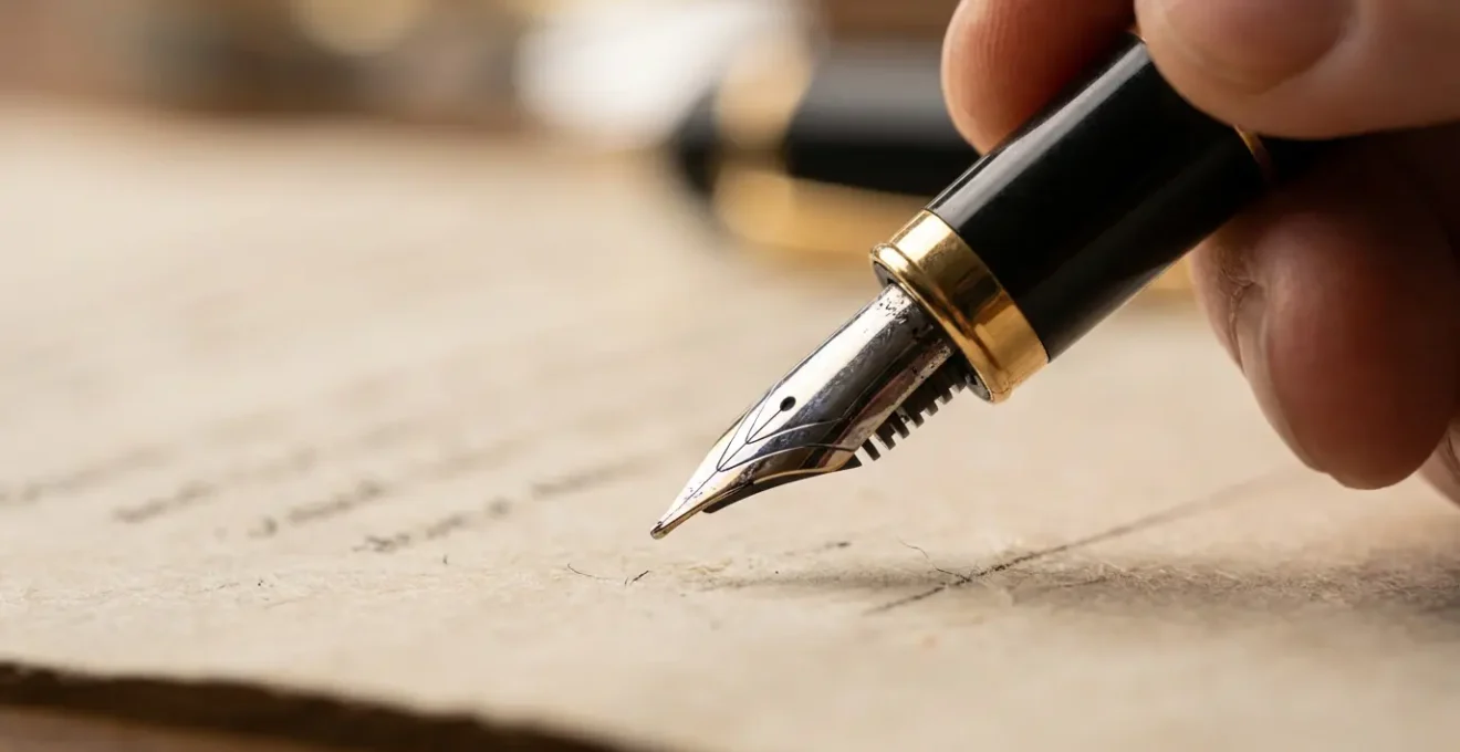 Main d'un graphiste signant un contrat de cession de droits d'auteur avec un stylo plume sur un bureau professionnel.