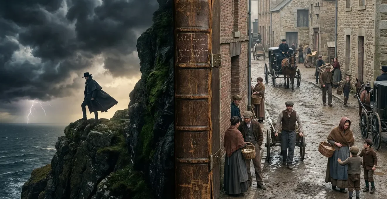 Composition artistique montrant la dualité entre romantisme et réalisme dans la littérature française du XIXe siècle