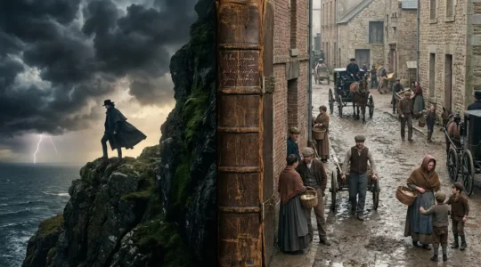 Composition artistique montrant la dualité entre romantisme et réalisme dans la littérature française du XIXe siècle