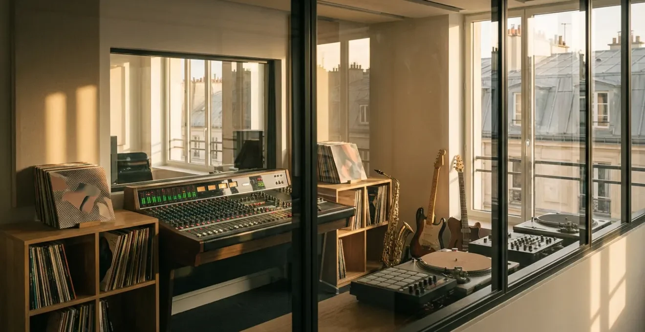 Scène musicale française représentant la diversité des genres avec des instruments variés et des vinyles colorés dans un studio radio