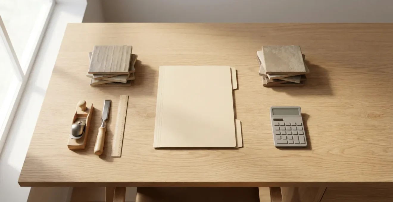 Vue aérienne d'un bureau avec documents de formation CPF et outils d'artisan disposés harmonieusement