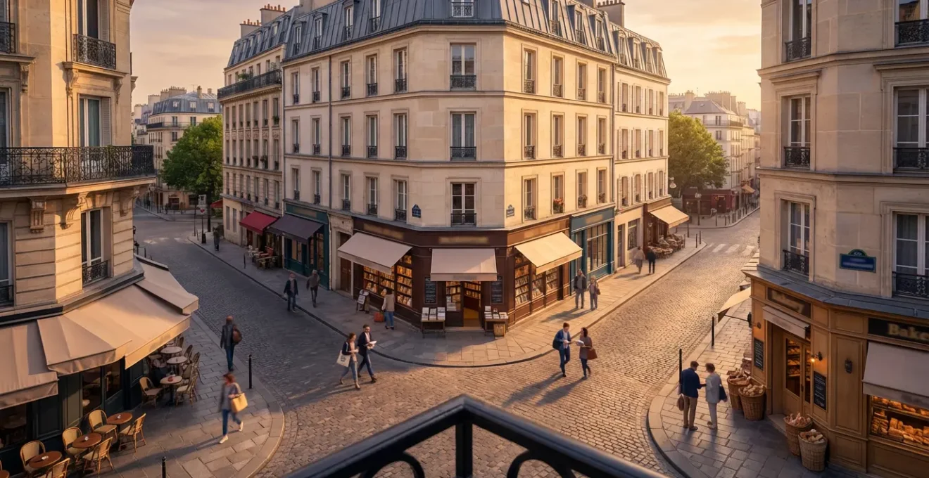 Vue aérienne d'un quartier avec sa librairie au centre créant une dynamique commerciale locale