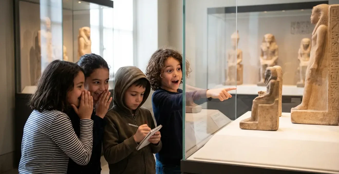Groupe d'enfants observant avec émerveillement les antiquités égyptiennes au Louvre