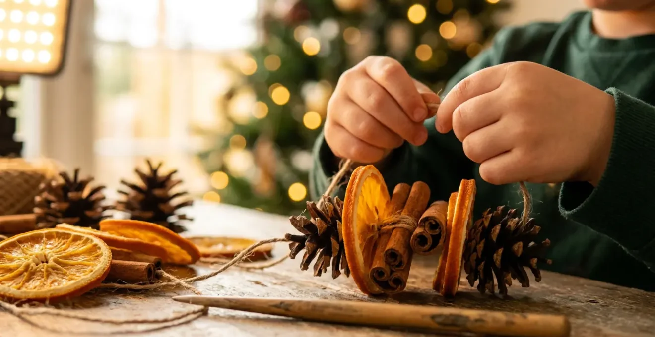 Enfants créant des décorations de Noël artisanales avec des matériaux naturels