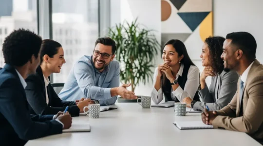 Équipe multiculturelle travaillant ensemble comme un jazz band dans un bureau moderne