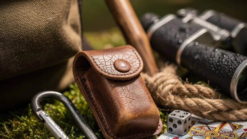 Gros plan macro sur l'équipement de microaventure disposé sur de la mousse forestière avec lumière naturelle dorée