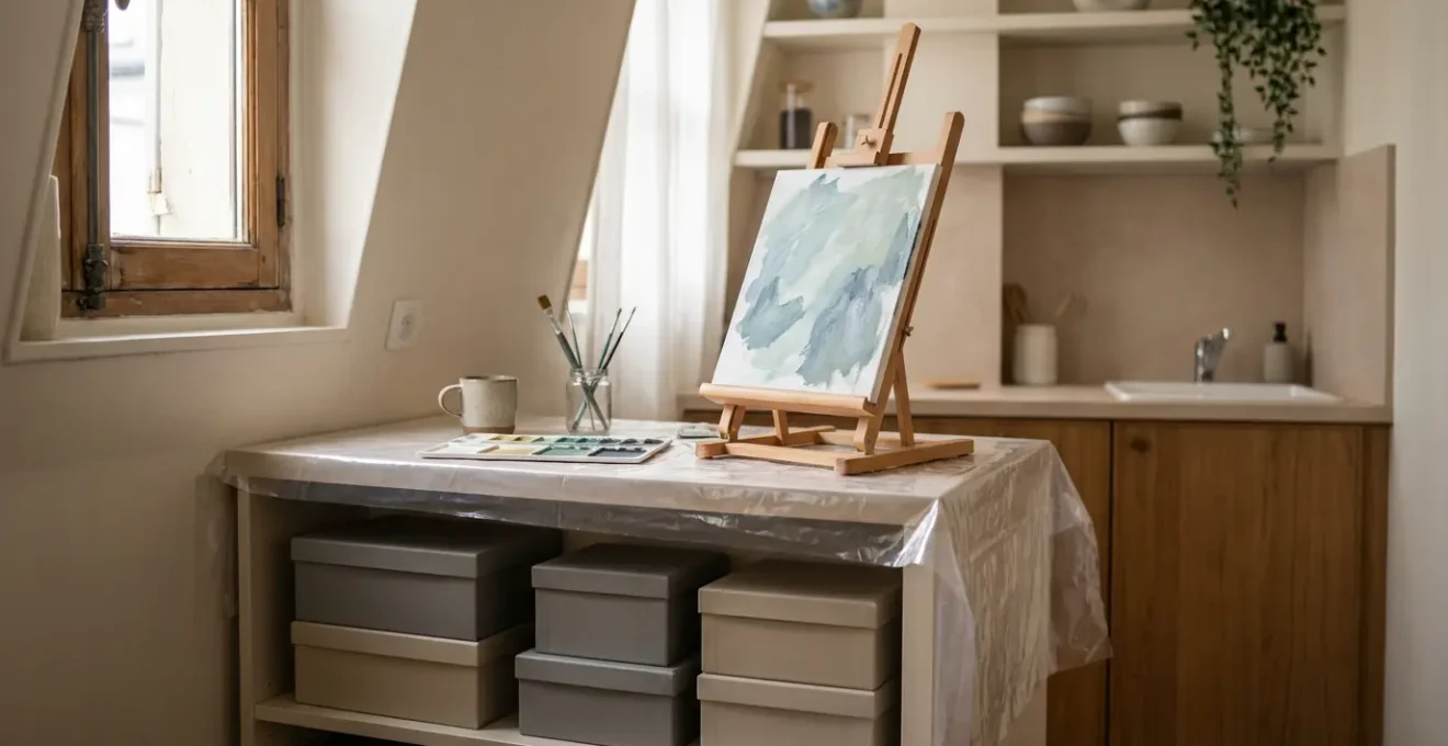 Coin peinture organisé dans un petit appartement avec chevalet de table