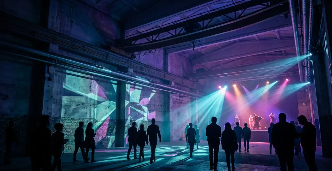 Spectateurs immergés dans une installation artistique hybride mêlant projections lumineuses et performance vivante