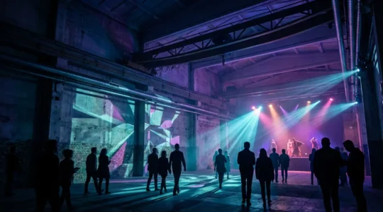 Spectateurs immergés dans une installation artistique hybride mêlant projections lumineuses et performance vivante