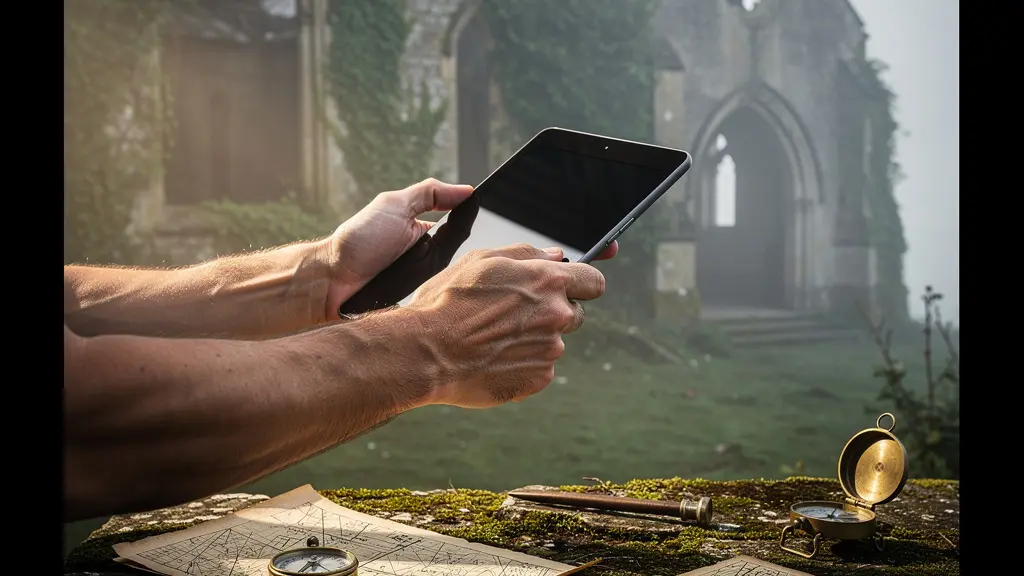 Mains tenant une tablette montrant une carte ancienne superposée à une vue satellite actuelle d'un village français