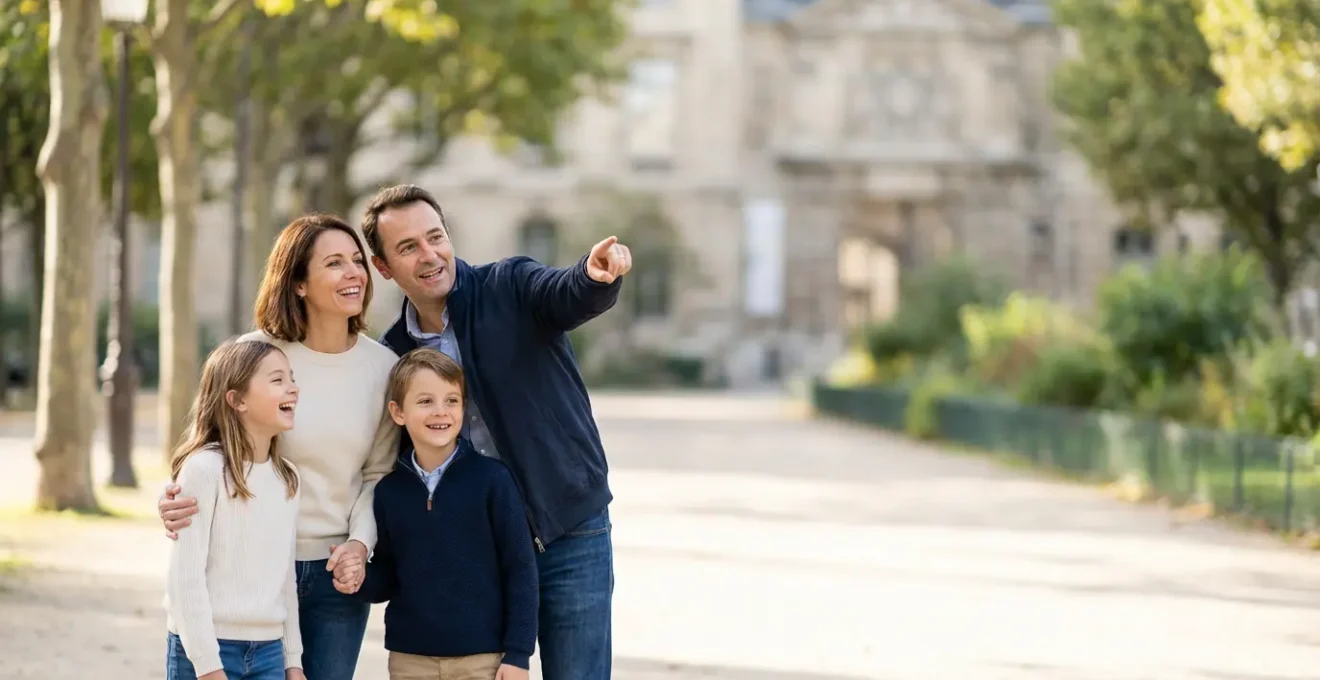 Une famille heureuse dans un parc culturel français, avec une mère, un père et deux enfants observant un artiste de rue créatif, arrière-plan flou d'espaces verts ensoleillés
