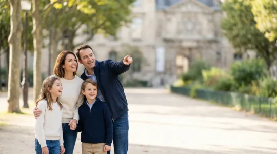 Une famille heureuse dans un parc culturel français, avec une mère, un père et deux enfants observant un artiste de rue créatif, arrière-plan flou d'espaces verts ensoleillés