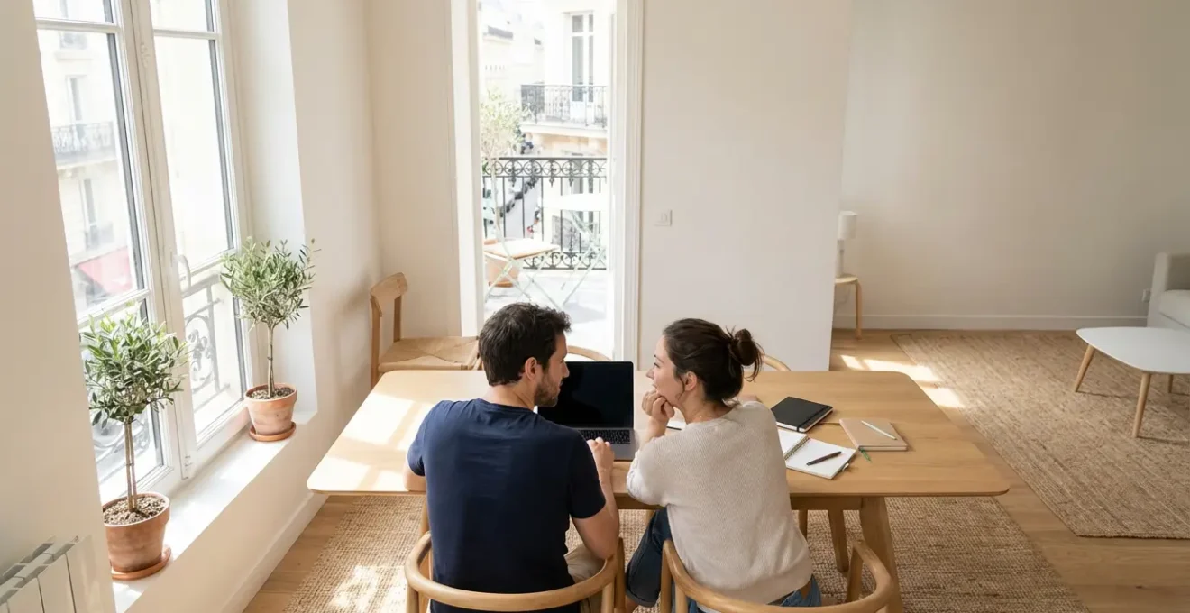 Parents consultant ensemble leur espace CAF sur un écran d'ordinateur vu de dos, dans un intérieur lumineux français