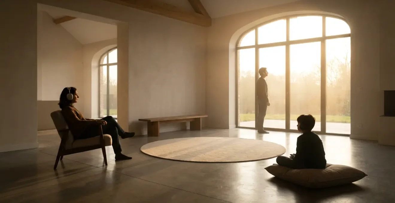 Famille française écoutant de la musique ensemble dans un salon moderne